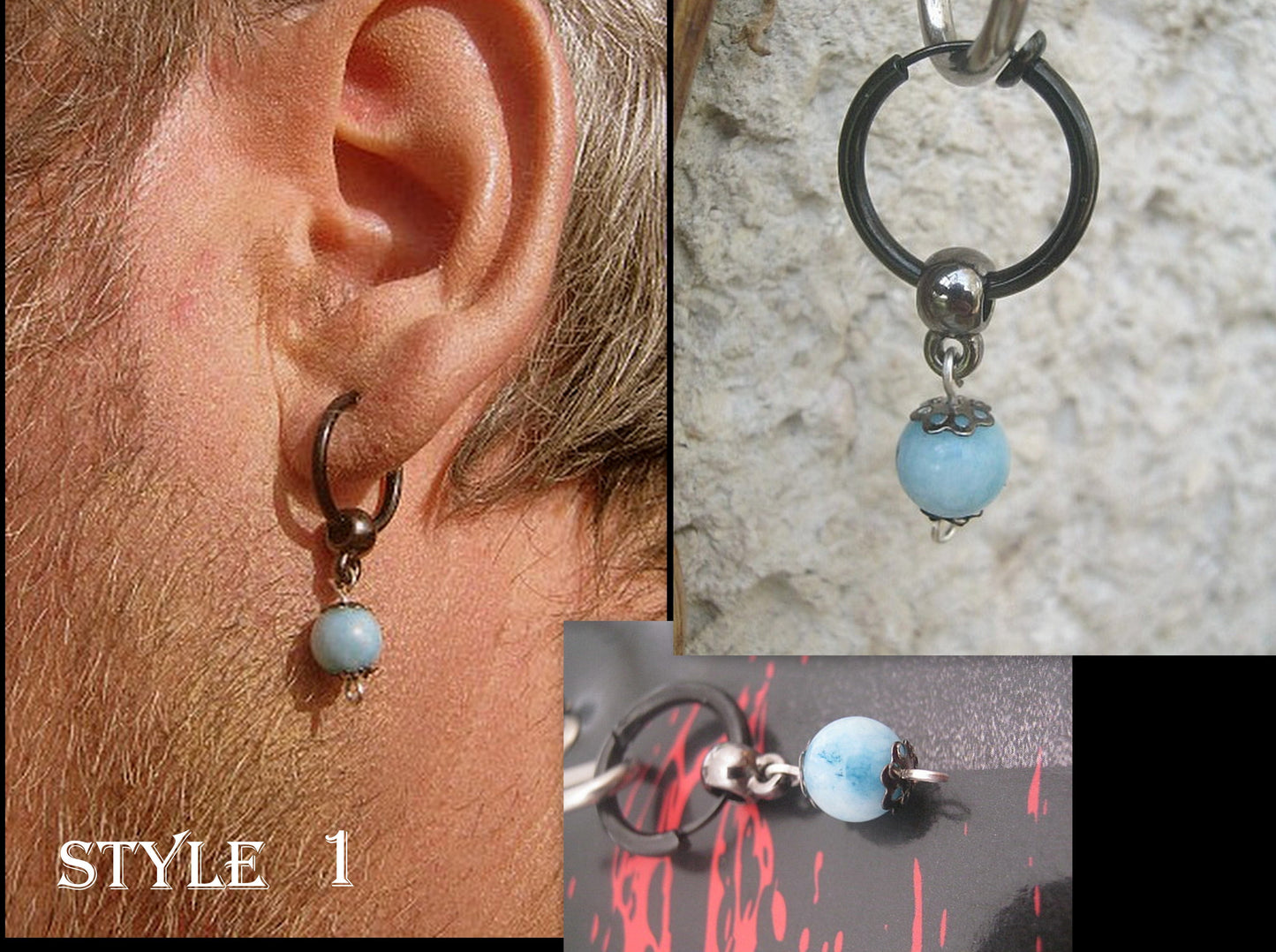 Men black Earring AQUAMARINE stone, Dangle Hoop/ clip on BLUE stone, Stainless steel , Handmade earring men gift