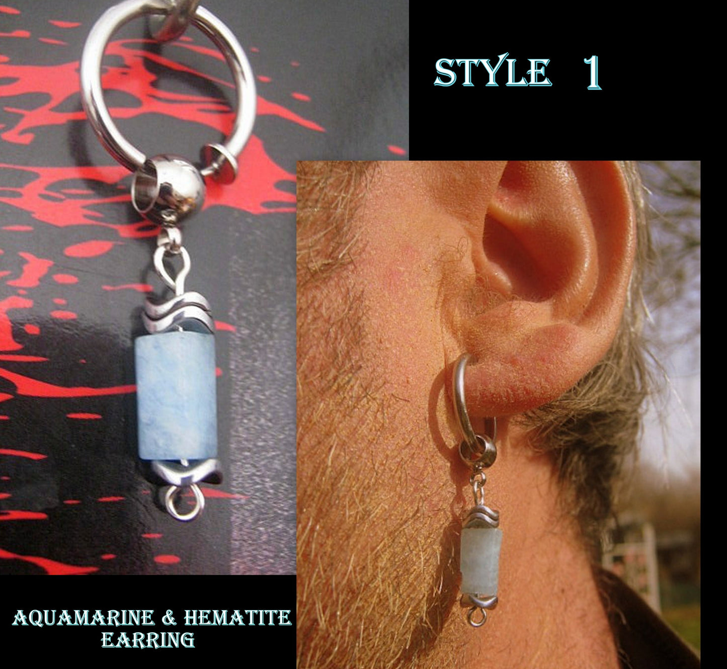 AQUAMARINE stone Hematite men Earring Hoop/ Clip on dangle unisex mono earring, Handmade earring men gift