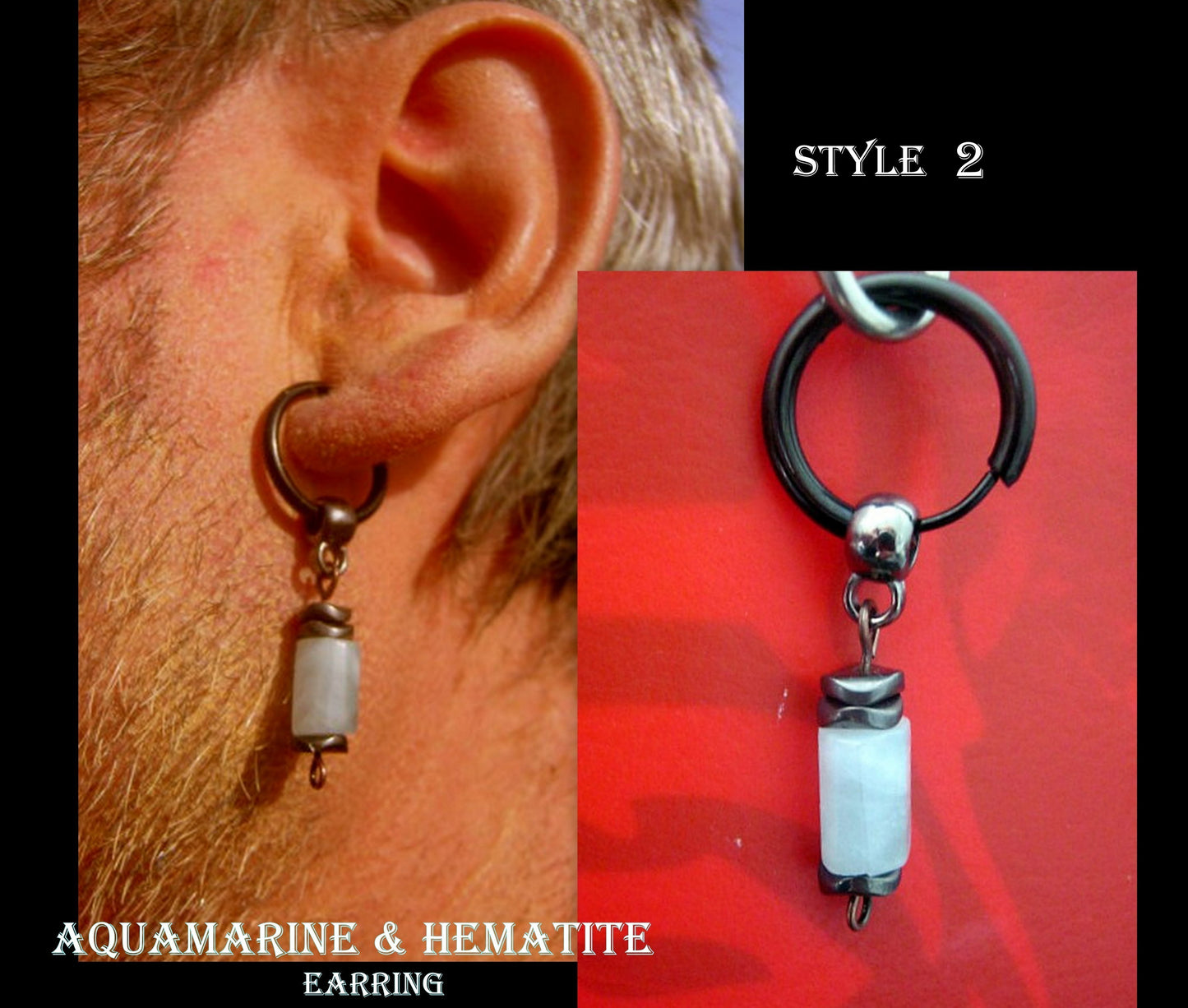 AQUAMARINE stone Hematite men Earring Hoop/ Clip on dangle unisex mono earring, Handmade earring men gift