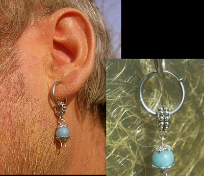 Men black ONYX Earring & AQUAMARINE stone, Dangle Hoop/ clip on , Stainless steel , Handmade earring men gift