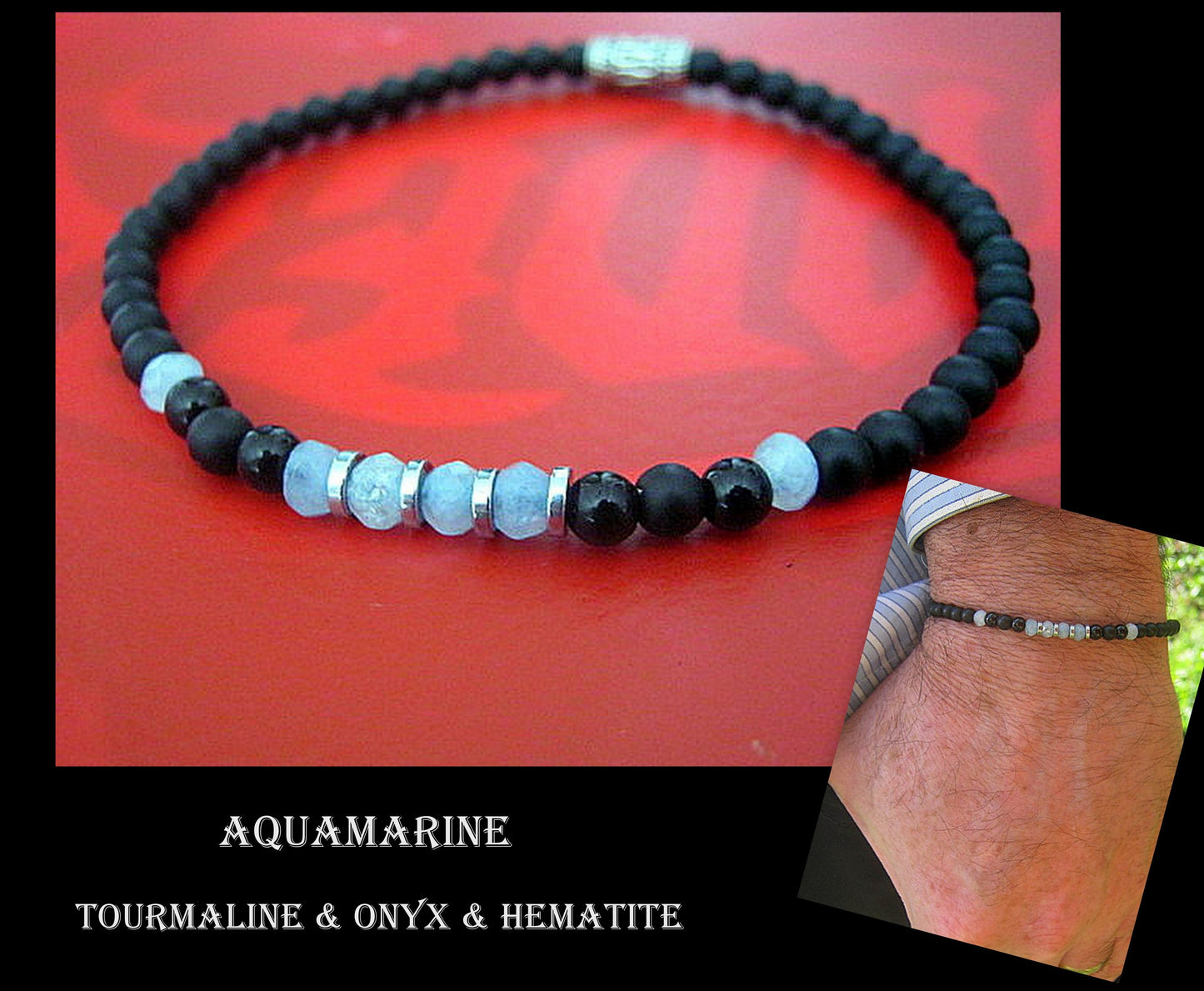 Men tiny Angelite AQUAMARINE Onyx Tourmaline Black Diamond Spinel Hematite bracelet, protection precious stone handmade slim bracelet men gift