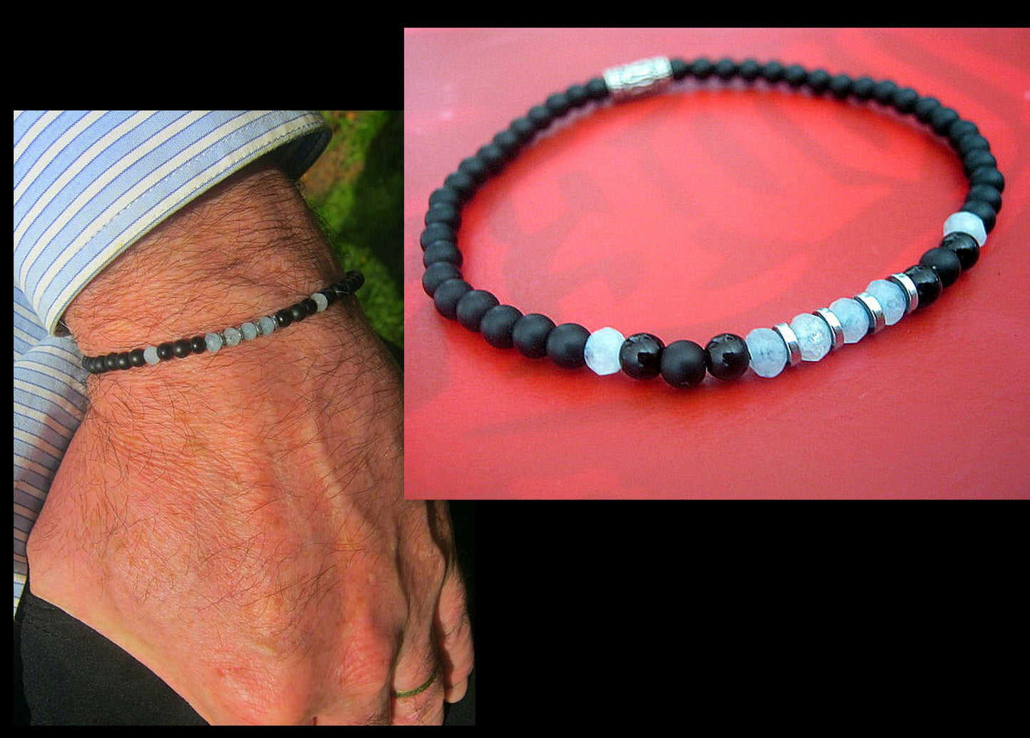 Men tiny Angelite AQUAMARINE Onyx Tourmaline Black Diamond Spinel Hematite bracelet, protection precious stone handmade slim bracelet men gift