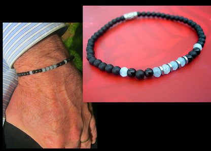 Men tiny AQUAMARINE Angelite Tourmaline Onyx  Black Diamond Spinel Hematite bracelet, protection precious stone handmade slim bracelet men gift