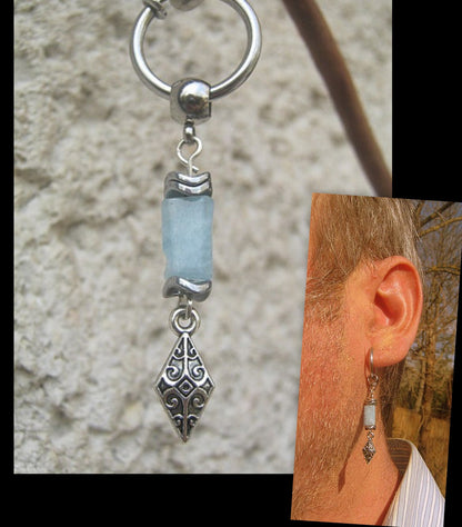 AQUAMARINE stone Hematite men Earring Hoop/ Clip on dangle unisex mono earring, Handmade earring men gift