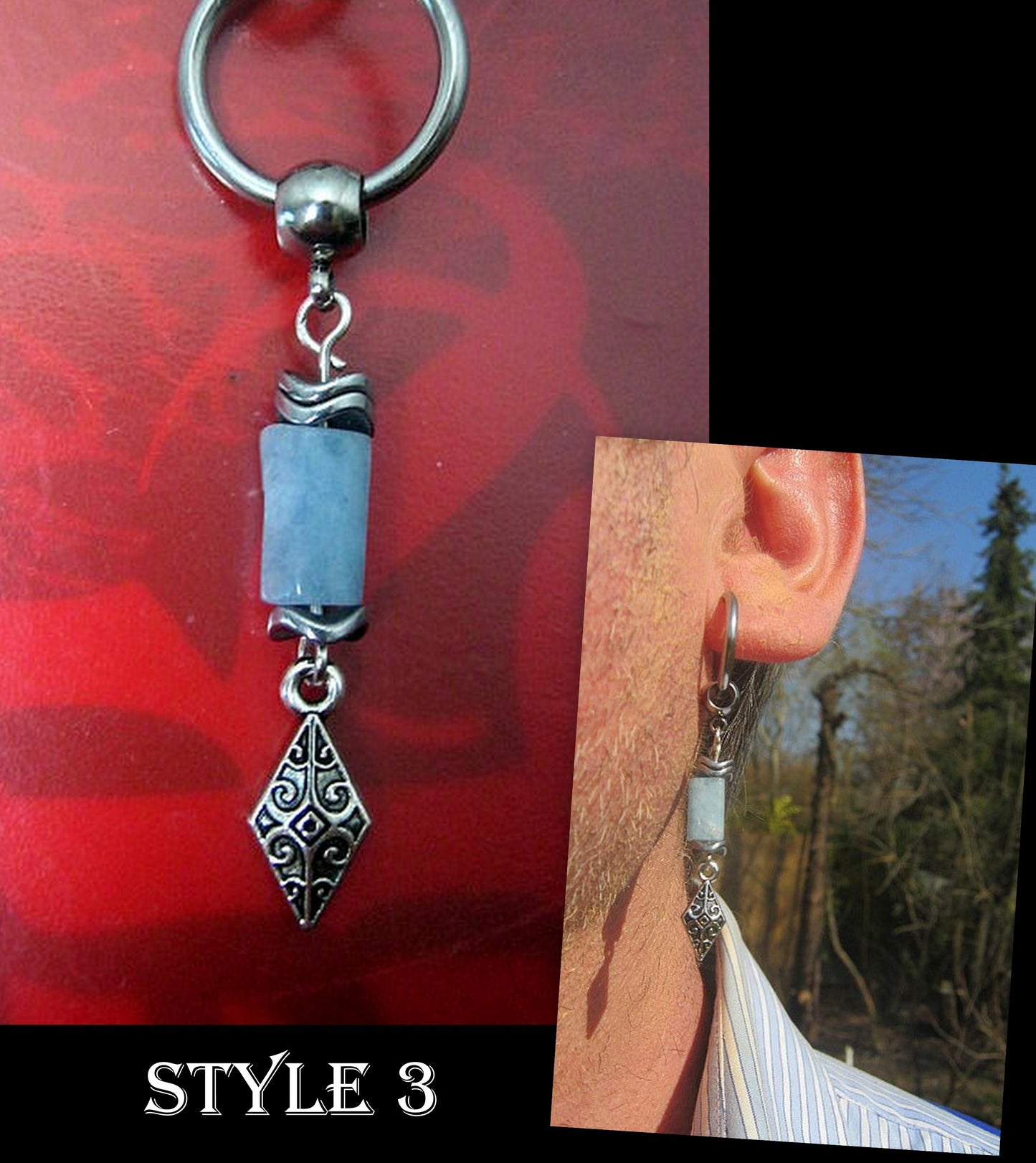 AQUAMARINE stone Hematite men Earring Hoop/ Clip on dangle unisex mono earring, Handmade earring men gift