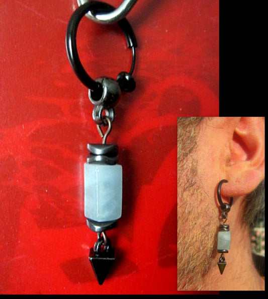 Men Earring AQUAMARINE stone & black Hematite stone, pyramide Dangle Hoop/ clip on black, stone, Handmade earring men gift