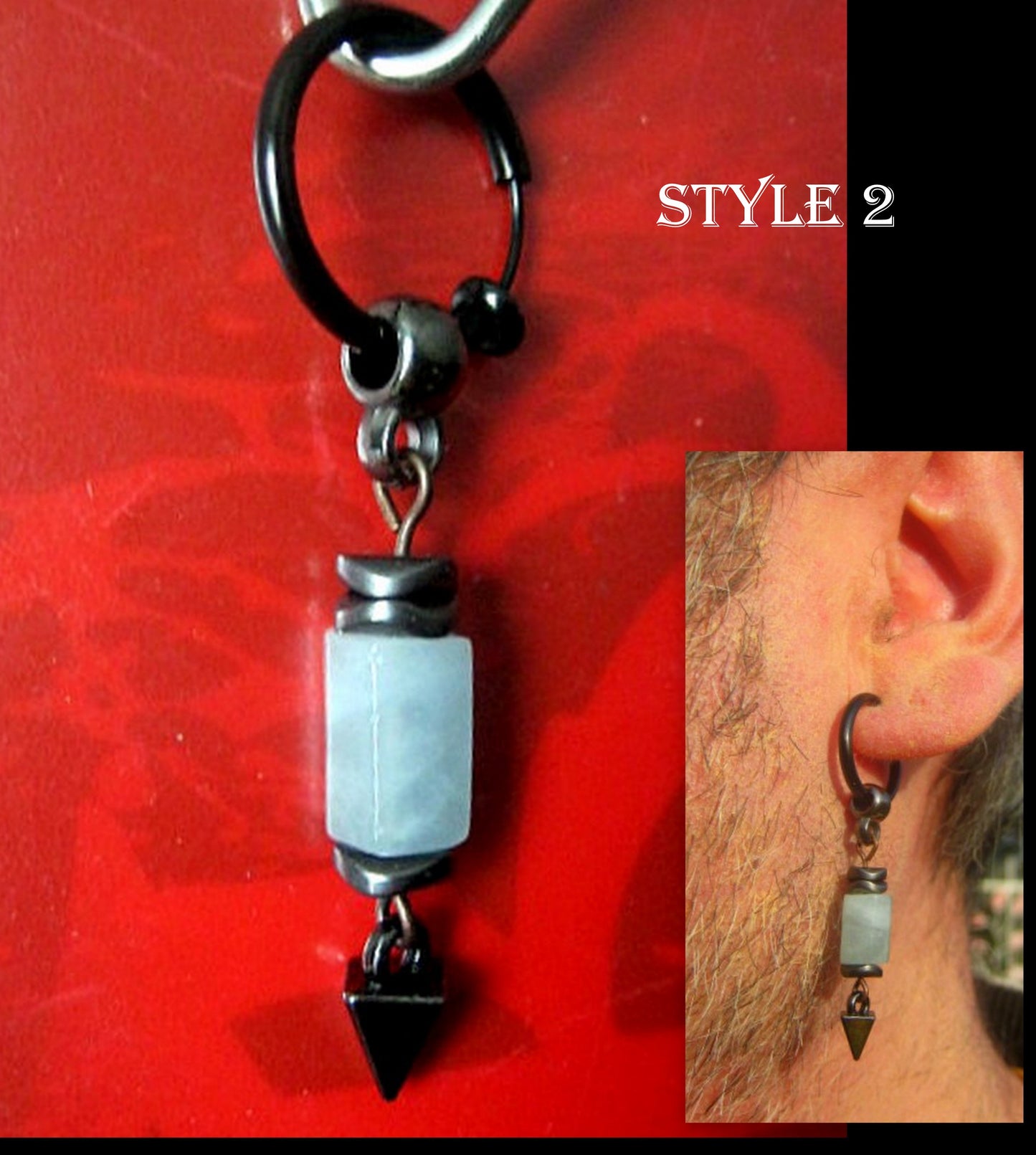 Men Earring AQUAMARINE stone & black Hematite stone, Dangle Hoop/ clip on black, stone, Handmade earring men gift