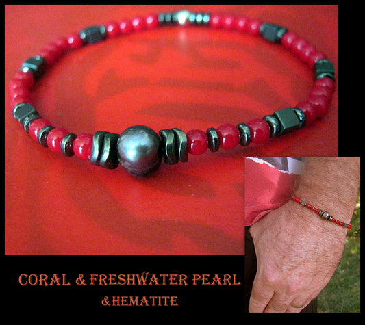 Men Bracelet  black/blue Freshwater Pearl, Coral & Hematite wave, Red bracelet, Spiritual Healing surfer bracelet Men/women/couple gift, handmade bracelet