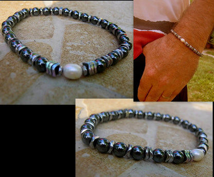 Men Bracelet Freshwater PEARL & black Hematite, Nacre, Black blue pearl, Prosperity Healing surfer bracelet Men/women/couple gift, handmade bracelet