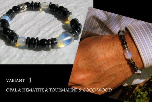 CAMELYS MAGIC 4 MEN - Men stone Opal Bracelet Tourmaline Hematite Onyx Moonstone Coco wood, Handmade bracelet men gift