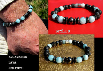 Men BRACELET AQUAMARINE Lapis Lazuli Lava Onyx protection abundance stone handmade bracelet men gift