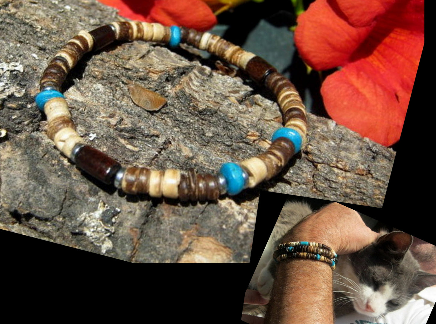 Men TURQUOISE Coco wood heishi Surfer Tribal set Bracelets, Healing stone, handmade bracelet men gift