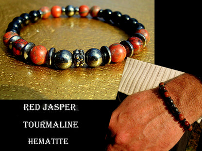 Camelys Magic 4 Men - Men BRACELET Red JASPER Hematite Onyx Lava Prosperity protection Fertility Bracelet.Healing stone, handmade bracelet men gift