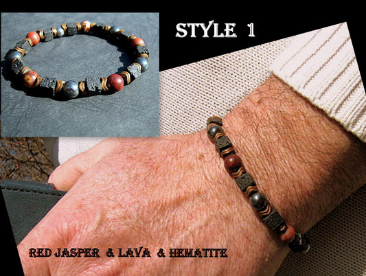 Men Red JASPER BRACELET Lava Hematite Onyx Tourmaline Prosperity protection Fertility Bracelet.Healing stone, handmade bracelet men gift