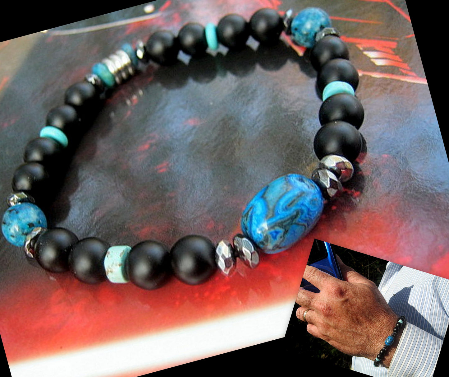 Men stone Bracelet Crazy lace Agate,Turquoise Azurite Chrisocolla Black Onyx, Hematite Healing stone, handmade bracelet men gift