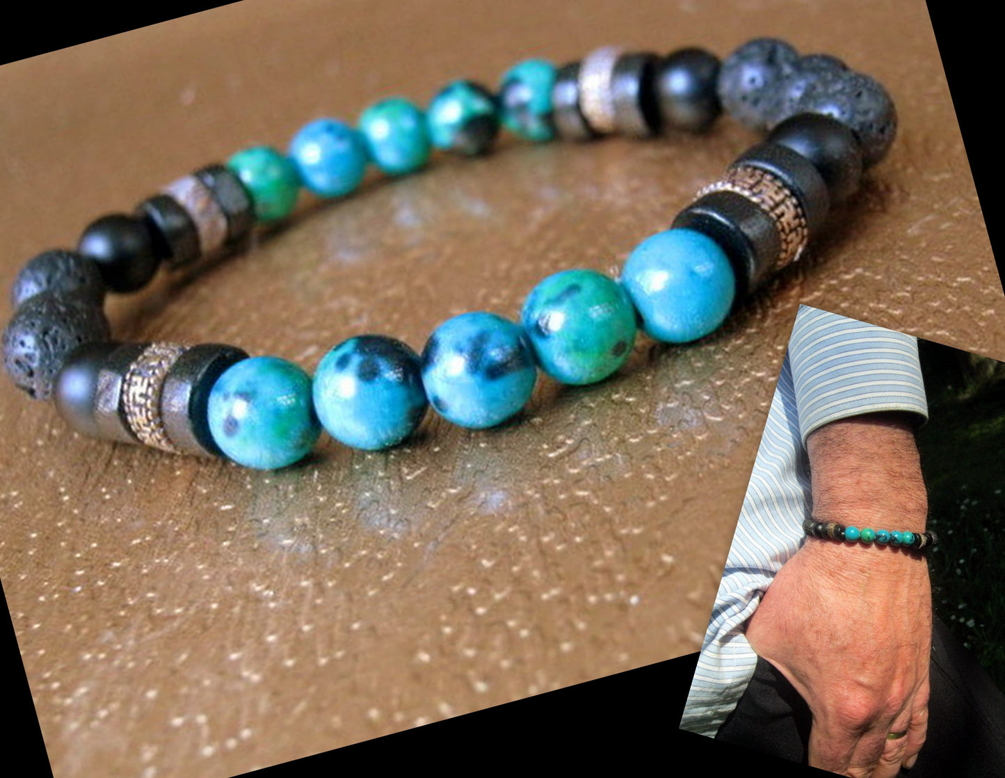 Men Turquoise CHRISOCOLLA stone Bracelet Tourmaline Onyx & LAVA coco wood beads Hematite Healing stone, Tribal handmade bracelet men gift