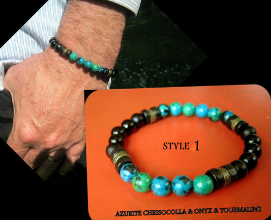 Men Turquoise CHRISOCOLLA stone Bracelet Onyx Tourmaline & LAVA coco wood beads Hematite Healing stone, Tribal handmade bracelet men gift