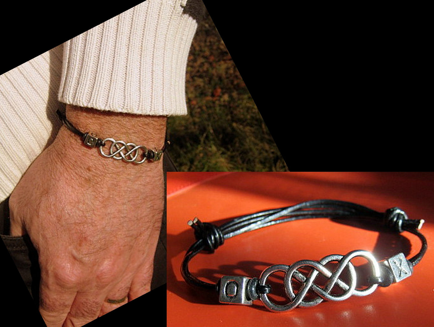 Men silver double INFINITY bracelet thin Cord slice knot custom initial zodiac Bracelet, Stack slim set surfer Handmade bracelet men gift