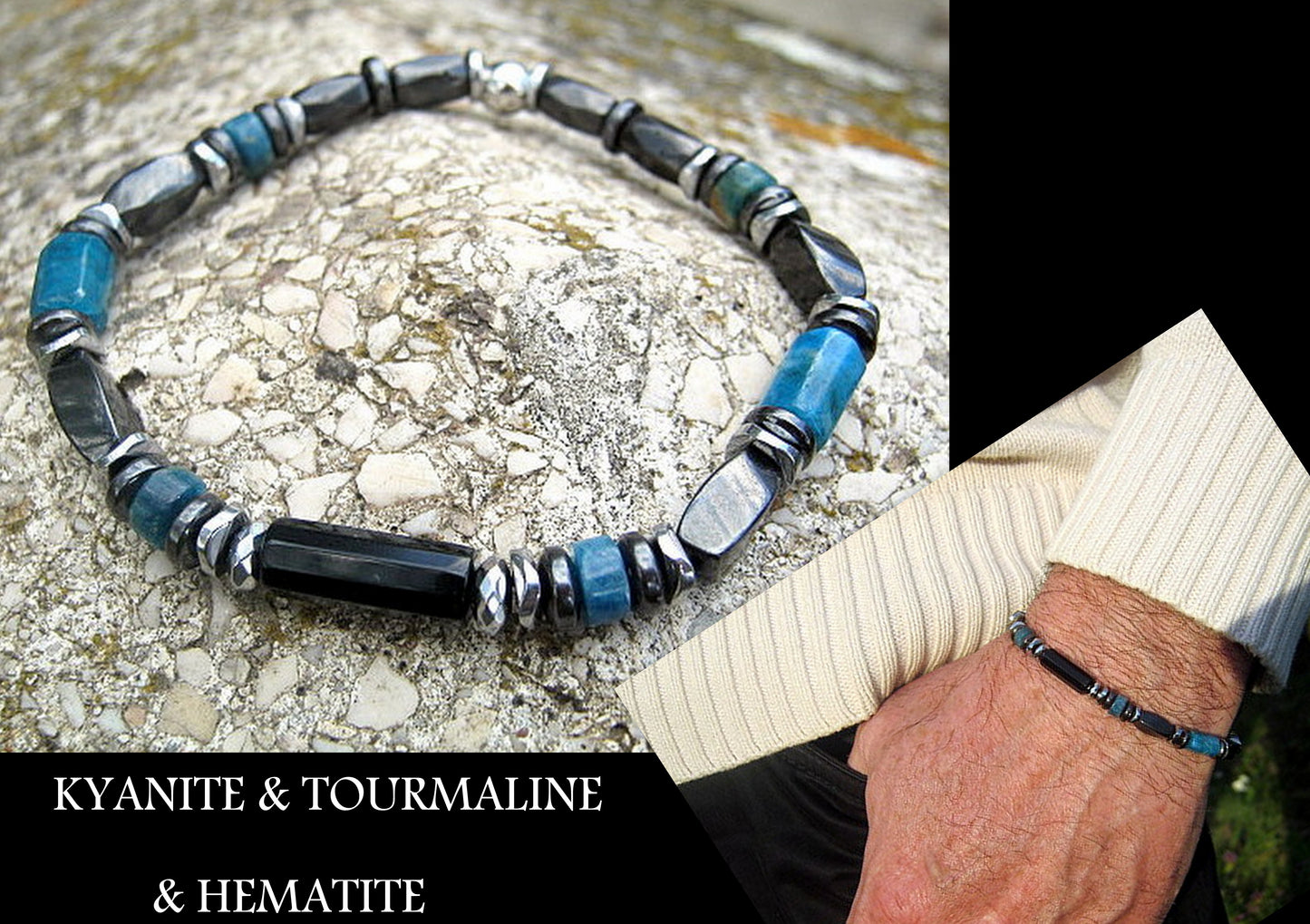 CAMELYS MAGIC 4 MEN - Men Bracelet Blue KYANITE LAVA Tourmaline Apatite, 925 St. Silver, Protection Healing stone, handmade bracelet men gift