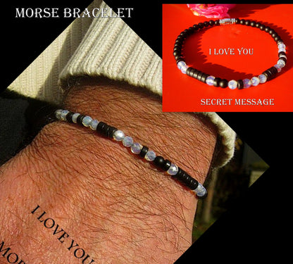 Custom MORSE CODE men/women Cat Eye Opal Hematite stone Bracelet, I love you Secret Message, Healing protection gemstone Men handmade slim bracelet Men gift