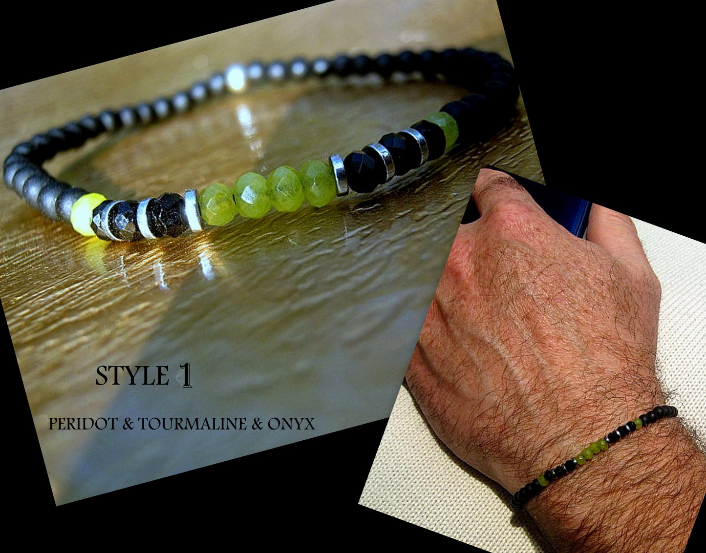 Men tiny PERIDOT  Onyx Tourmaline Spinel Black Diamond Emerald bracelet, protection precious stone handmade slim bracelet men gift