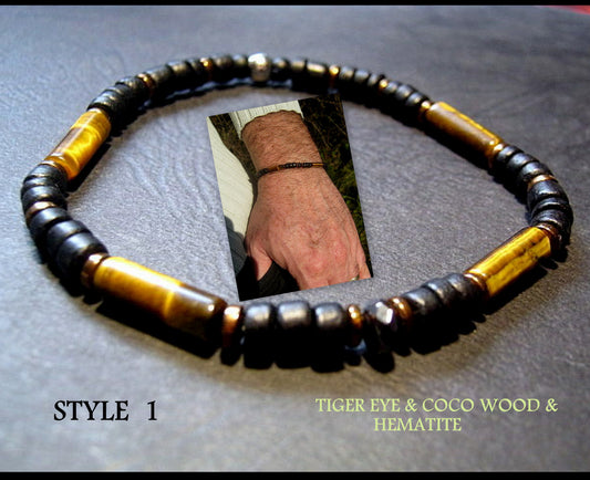 Men bracelet TIGER EYE Coco wood Hematite Healing protection stone, handmade bracelet Men gift