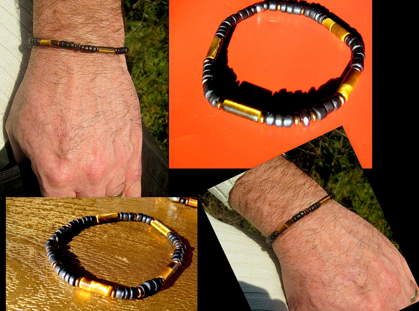 Men TIGER EYE bracelet Hematite Coco wood Healing protection stone, handmade bracelet Men gift