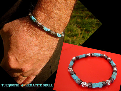 Men Bracelet TURQUOISE, TOURMALINE, Red Howlite, Hematite ,Lapis Lazuli,Skull Punk Turquoise Tourmaline Protection stone, handmade bracelet men gift