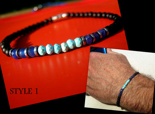 Men tiny SAPPHIRE Turquoise Onyx precious stone bracelet, protection crystal of awakening, handmade slim bracelet men gift