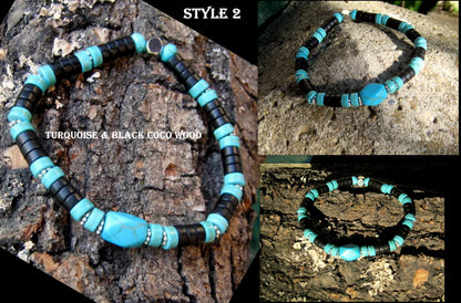 CAMELYS MAGIC 4 MEN - Men bracelet stone Turquoise, brown Coco wood heishi beads Onyx Hematite Healing stone, Tribal handmade bracelet men gift