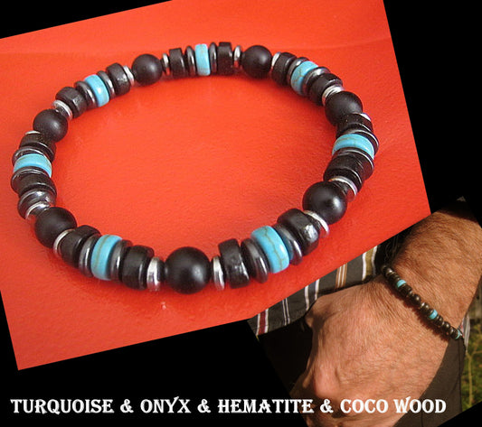 Men Bracelet TURQUOISE, Coconut Wood heishi ONYX Hematite  Protection stone, handmade bracelet men gift