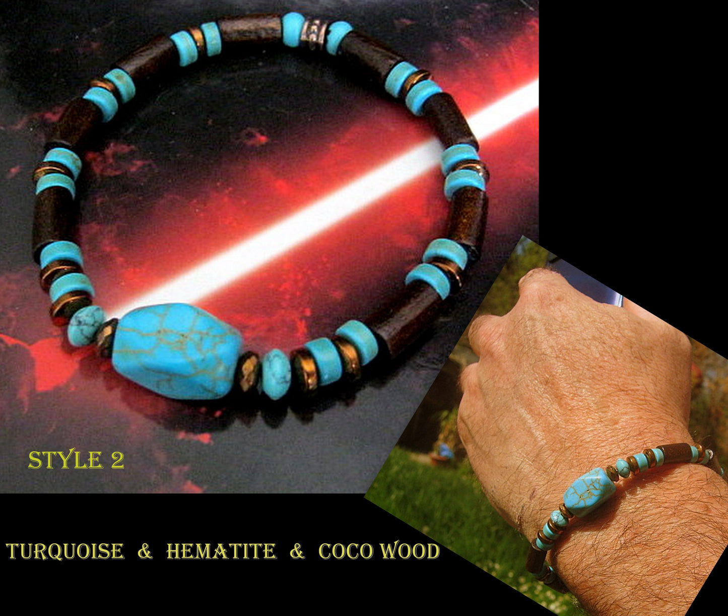 CAMELYS MAGIC 4 MEN - Men bracelet stone Turquoise, brown Coco wood heishi beads Onyx Hematite Healing stone, Tribal handmade bracelet men gift