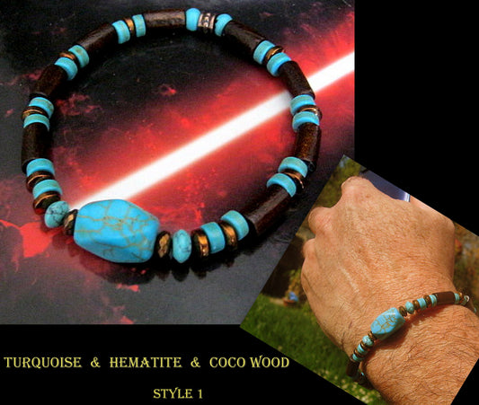 CAMELYS MAGIC 4 MEN - Men bracelet stone Turquoise, brown Coco wood heishi beads Onyx Hematite Healing stone, Tribal handmade bracelet men gift