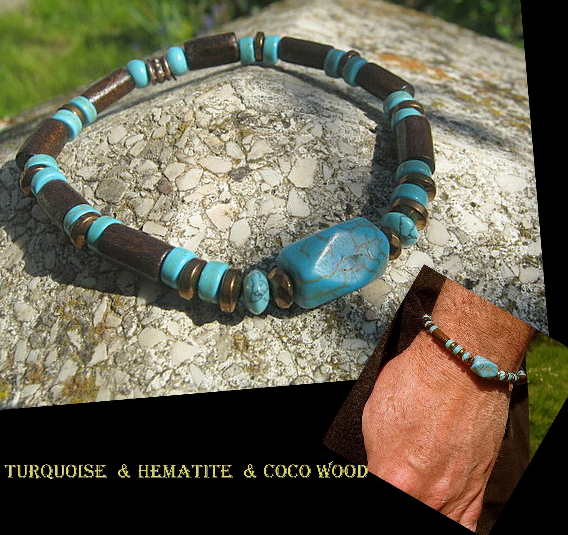 CAMELYS MAGIC 4 MEN - Men bracelet stone Turquoise, brown Coco wood heishi beads Onyx Hematite Healing stone, Tribal handmade bracelet men gift