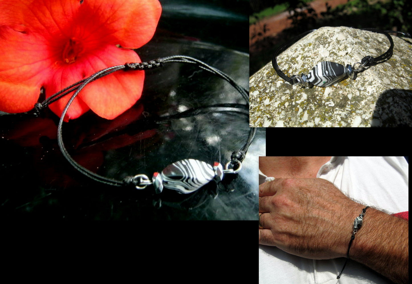 Men TURQUOISE zebra stone bracelet thin Cord slice knot Bracelet, Healing crystal, Stack slim set surfer Handmade bracelet men gift