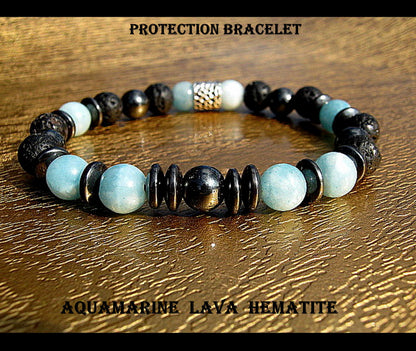 Men BRACELET AQUAMARINE Lava Onyx protection abundance stone handmade bracelet men gift