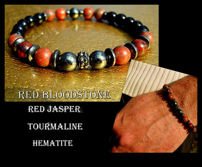 Men BRACELET Red JASPER& BLOODSTONE Tourmaline Hematite Onyx  Lava Prosperity protection Fertility Bracelet.Healing stone, handmade bracelet men gift