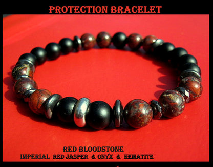 Men BRACELET Red JASPER& BLOODSTONE Tourmaline Hematite Onyx  Lava Prosperity protection Fertility Bracelet.Healing stone, handmade bracelet men gift