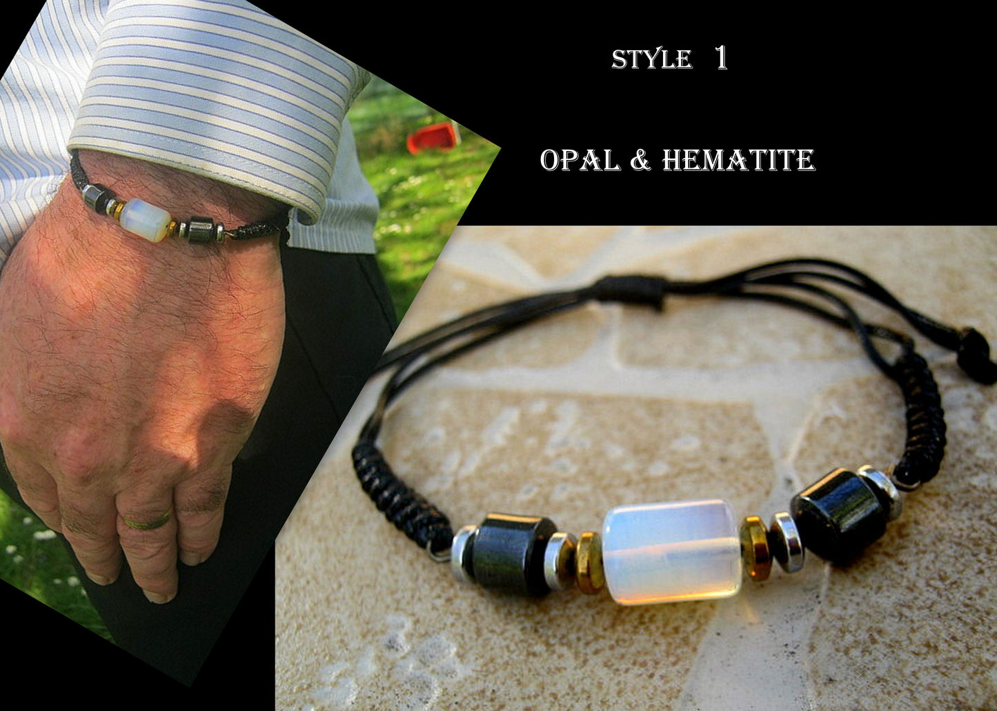 Men Opal stone Hematite bracelet thin Cord black slice knot Bracelet, Healing crystal, Stack slim set surfer Handmade bracelet men gift