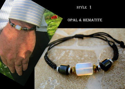 Men Opal stone Hematite bracelet thin Cord black slice knot Bracelet, Healing crystal, Stack slim set surfer Handmade bracelet men gift