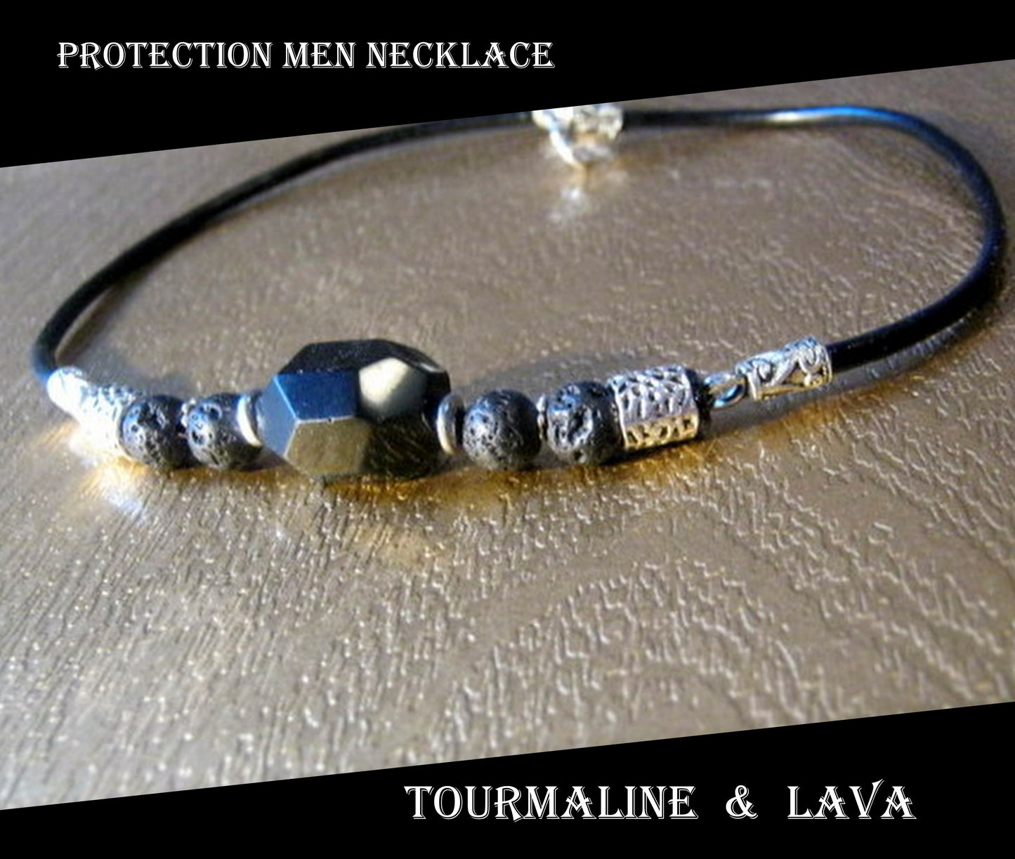 TOURMALINE Lava Rutilated quartz Citrine Tiger Eye stone men Necklace EMF Protection, healing crystal, black leather handmade necklace Men /couple Gift