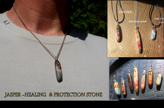 PICASSO Jasper, stone men pendant Necklace, healing protection crystal, Cord/  chain stainless steel handmade necklace Men Gift