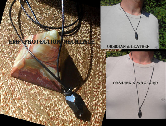 OBSIDIAN stone men pendant long Necklace EMF Protection, healing crystal, black cord/ leather/ silver chain stainless steel handmade necklace Men /couple Gift