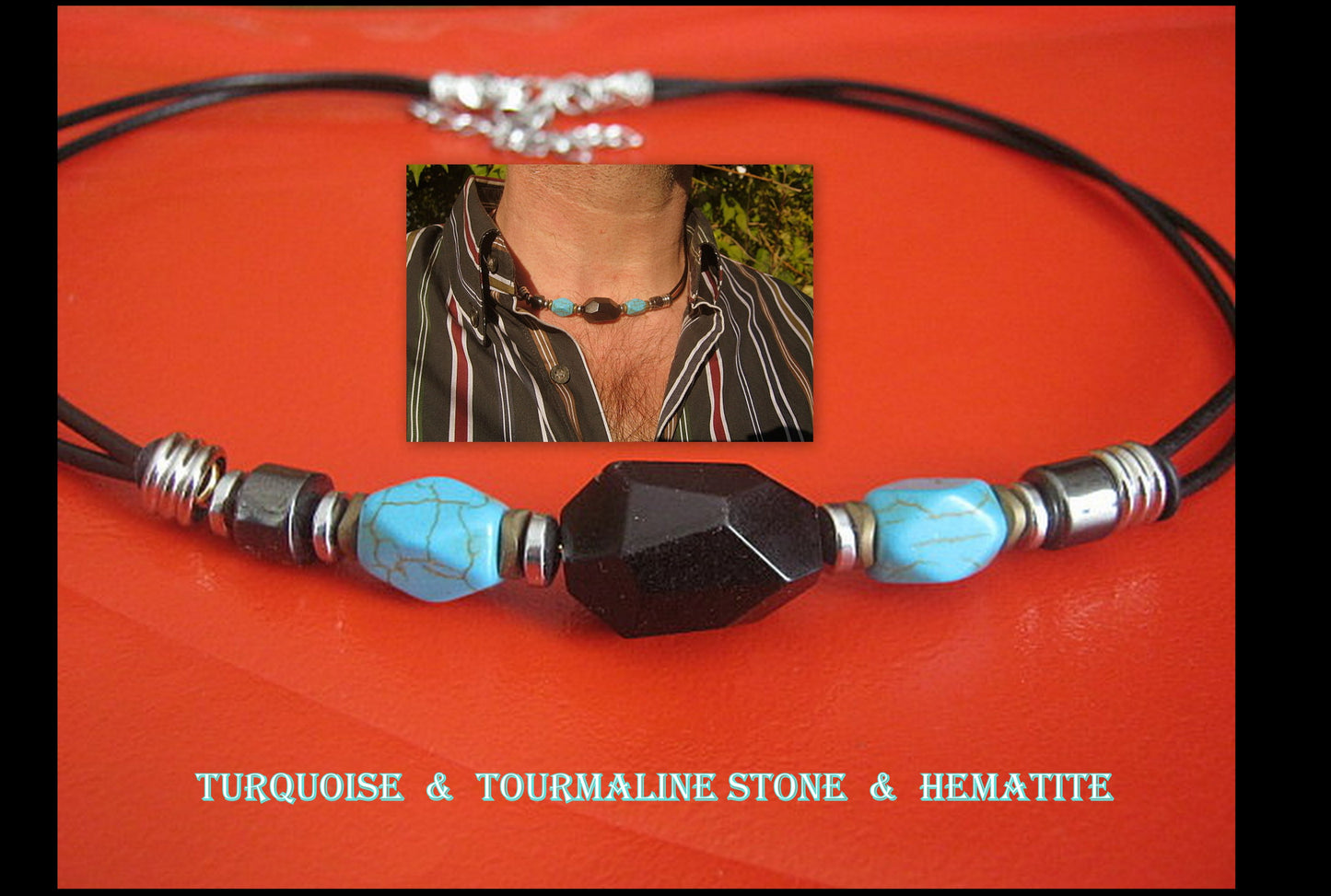 TOURMALINE & TURQUOISE stone men pendant long Necklace EMF Protection, healing crystal, leather, handmade necklace Men /couple Gift