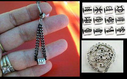 Men custom ZODIAC INITIAL Earring Hoop or Clip on non piercing  earring, black chain, Dangle Handmade earring women men gift