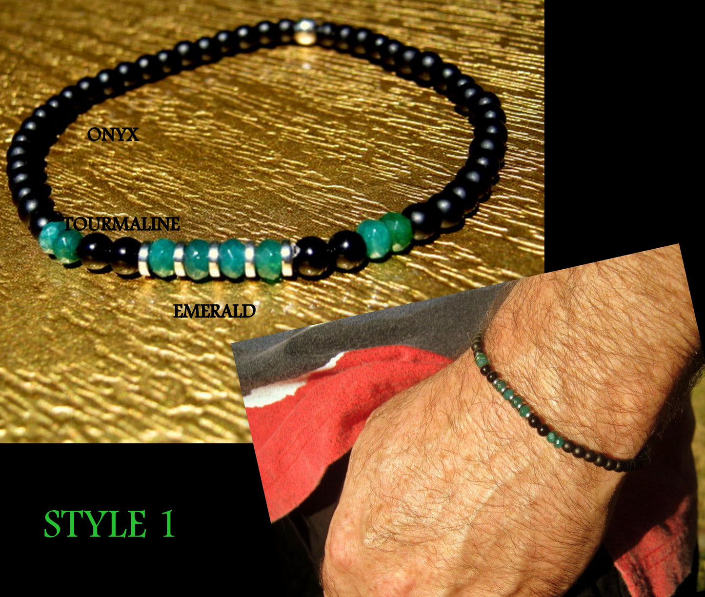 Men tiny EMERALD Onyx Tourmaline Spinel Black Diamond Peridot bracelet, protection precious stone handmade slim bracelet men gift
