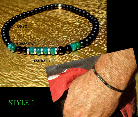 Men tiny EMERALD Onyx Tourmaline bracelet, protection precious stone handmade slim bracelet men gift