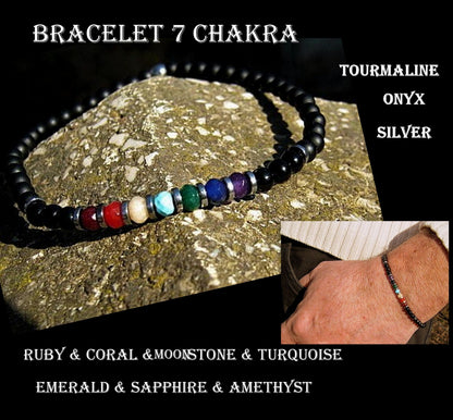 Men 7 CHAKRA bracelet tiny precious stones- Ruby Coral Sunstone Emerald Turquoise Sapphire Amethyst Tourmaline Onyx, silver st 925, protection stone handmade slim bracelet men gift