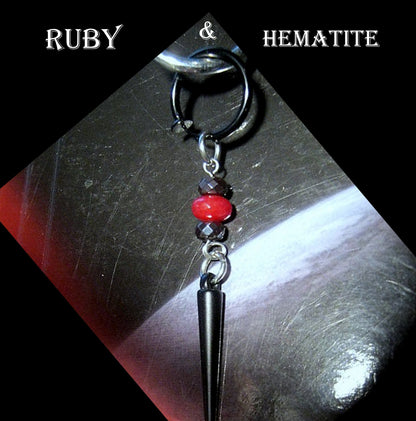 Men Earring 1 RUBY & Hematite stone, spike, Dangle Hoop/ clip on black, stone Handmade earring men gift