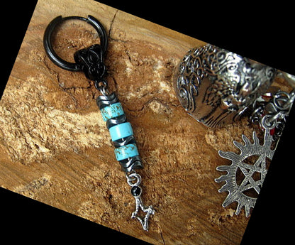 Men Earring African blue Turquoise & Hematite stone,silver star, Dangle Hoop/ clip on black, stone Handmade earring men gift